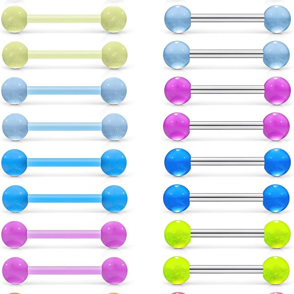 Flexible Bioplast Glow in The Dark 14G 14/16mm Bars Nipple Bridge Tongue Rings Piercing Barbell Jewelry Hypoallergenic for Women Set - QIAO CrystalQIAO CrystalQIAO Crystal