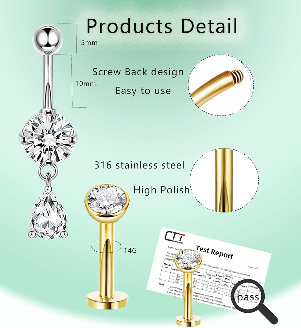 Floating Gold Belly Button Ring Surgical Stainless Steel Navel Piercing Set Hypoallergenic Small 14g Belly ring Heart Short Cute Pink Dangly Belly Piercing Jewelry for Women - 我的商店我的商店我的商店