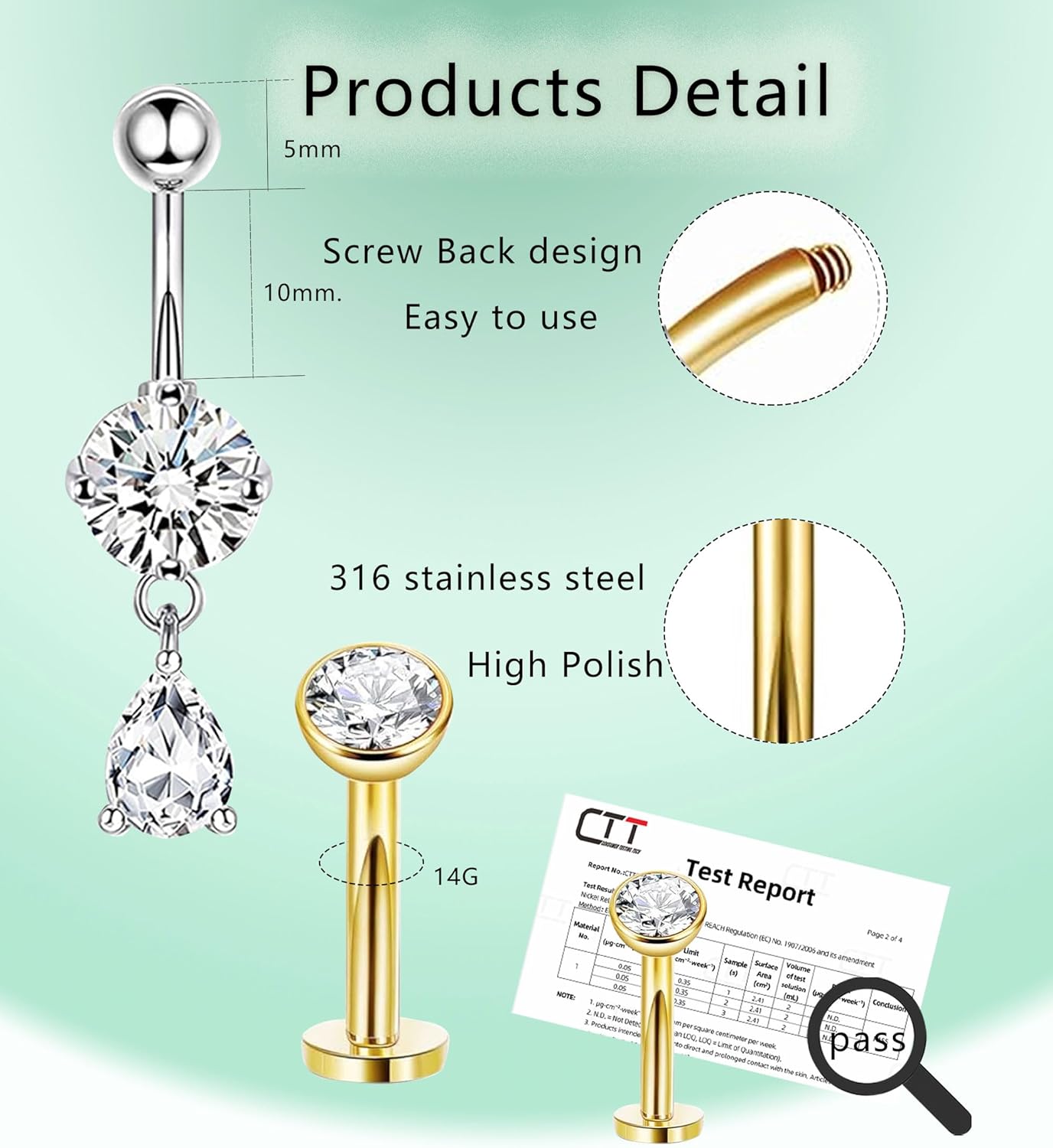 Floating Gold Belly Button Ring Surgical Stainless Steel Navel Piercing Set Hypoallergenic Small 14g Belly ring Heart Short Cute Pink Dangly Belly Piercing Jewelry for Women - 我的商店我的商店我的商店