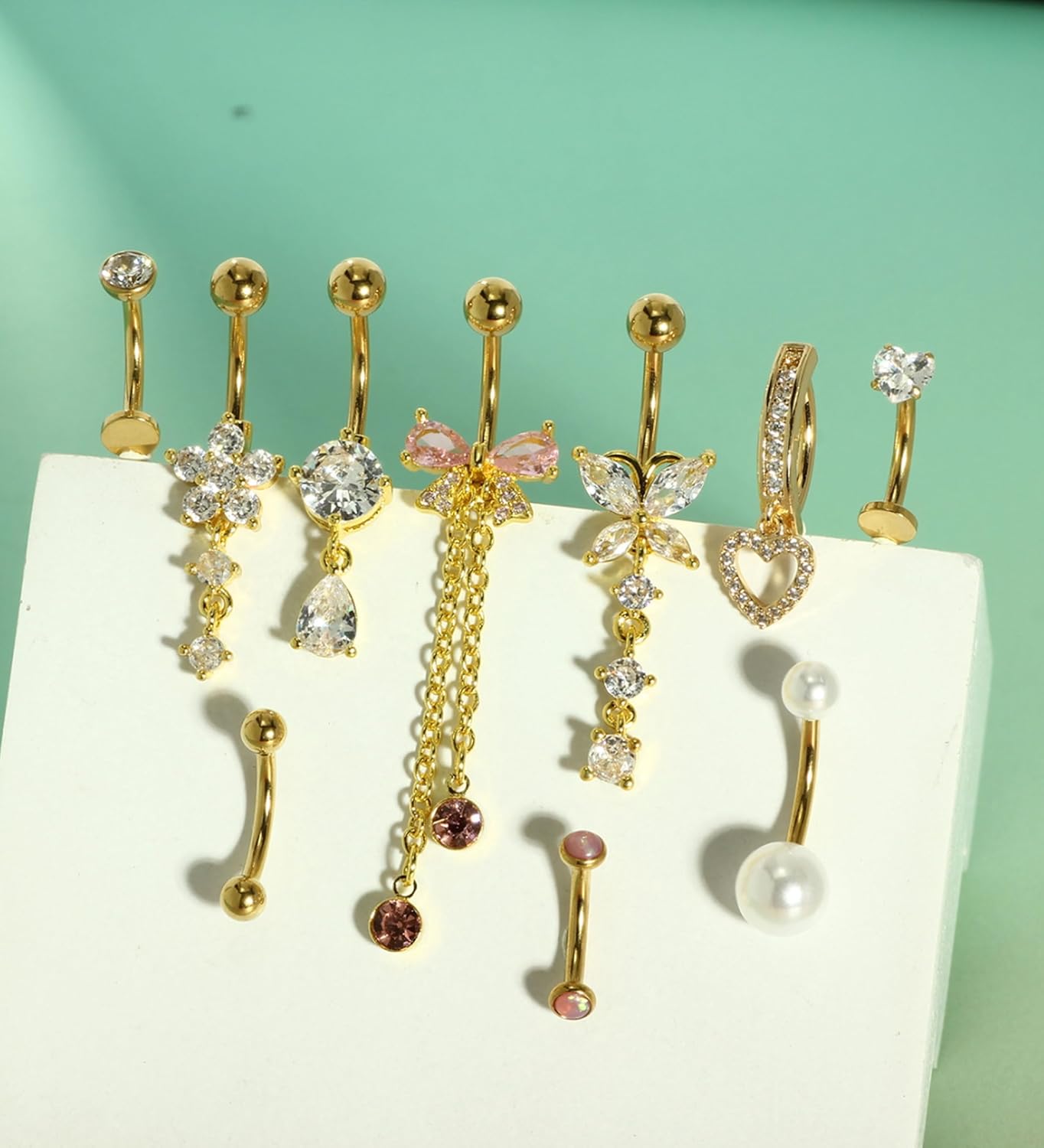 Floating Gold Belly Button Ring Surgical Stainless Steel Navel Piercing Set Hypoallergenic Small 14g Belly ring Heart Short Cute Pink Dangly Belly Piercing Jewelry for Women - 我的商店我的商店我的商店