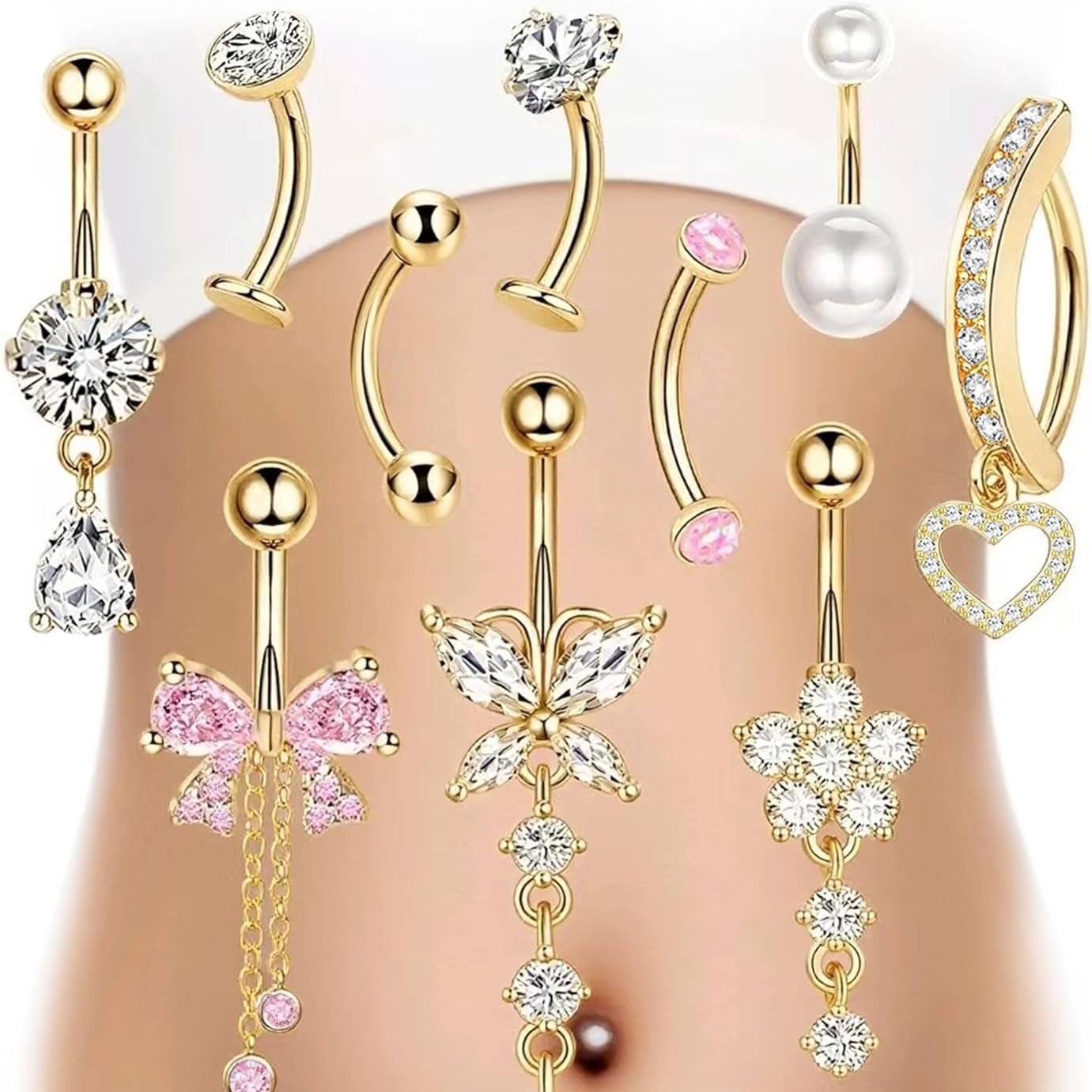 Floating Gold Belly Button Ring Surgical Stainless Steel Navel Piercing Set Hypoallergenic Small 14g Belly ring Heart Short Cute Pink Dangly Belly Piercing Jewelry for Women - 我的商店我的商店我的商店