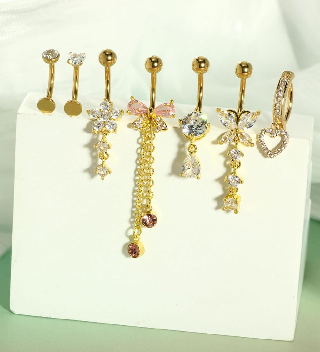 Floating Gold Belly Button Ring Surgical Stainless Steel Navel Piercing Set Hypoallergenic Small 14g Belly ring Heart Short Cute Pink Dangly Belly Piercing Jewelry for Women - 我的商店我的商店我的商店