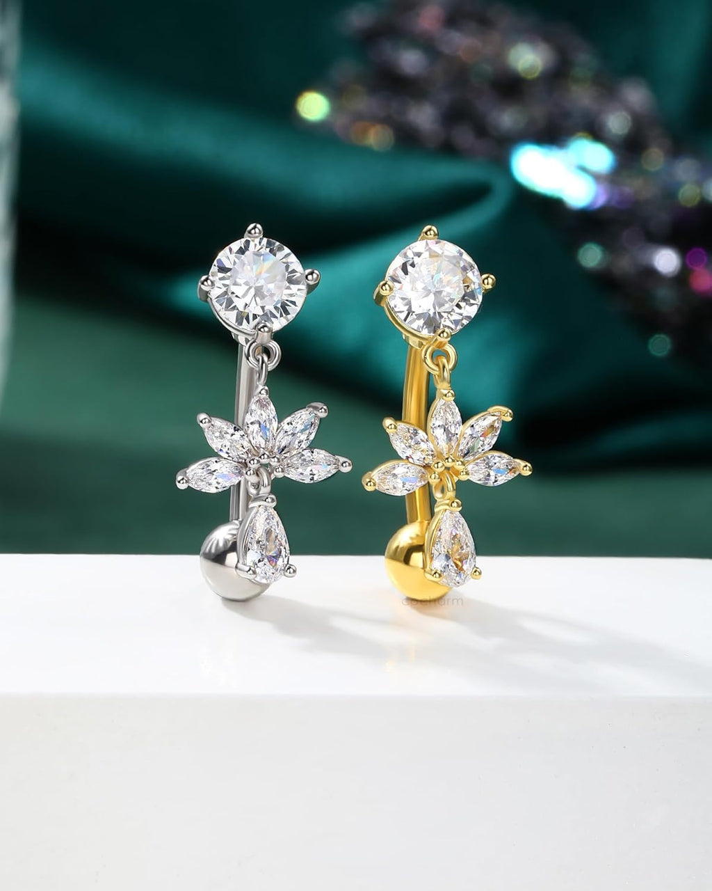 Flower Dangle Belly Button Ring, 14G Gold Reverse Belly Button Piercing for Women, Surgical Steel Silver Navel Piercing Jewelry Hypoallergenic - 我的商店我的商店我的商店