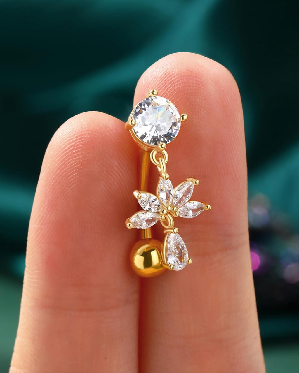 Flower Dangle Belly Button Ring, 14G Gold Reverse Belly Button Piercing for Women, Surgical Steel Silver Navel Piercing Jewelry Hypoallergenic - 我的商店我的商店我的商店