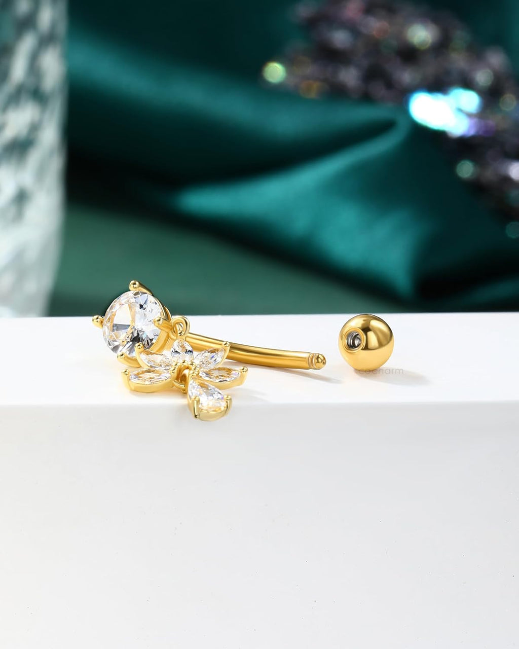 Flower Dangle Belly Button Ring, 14G Gold Reverse Belly Button Piercing for Women, Surgical Steel Silver Navel Piercing Jewelry Hypoallergenic - 我的商店我的商店我的商店