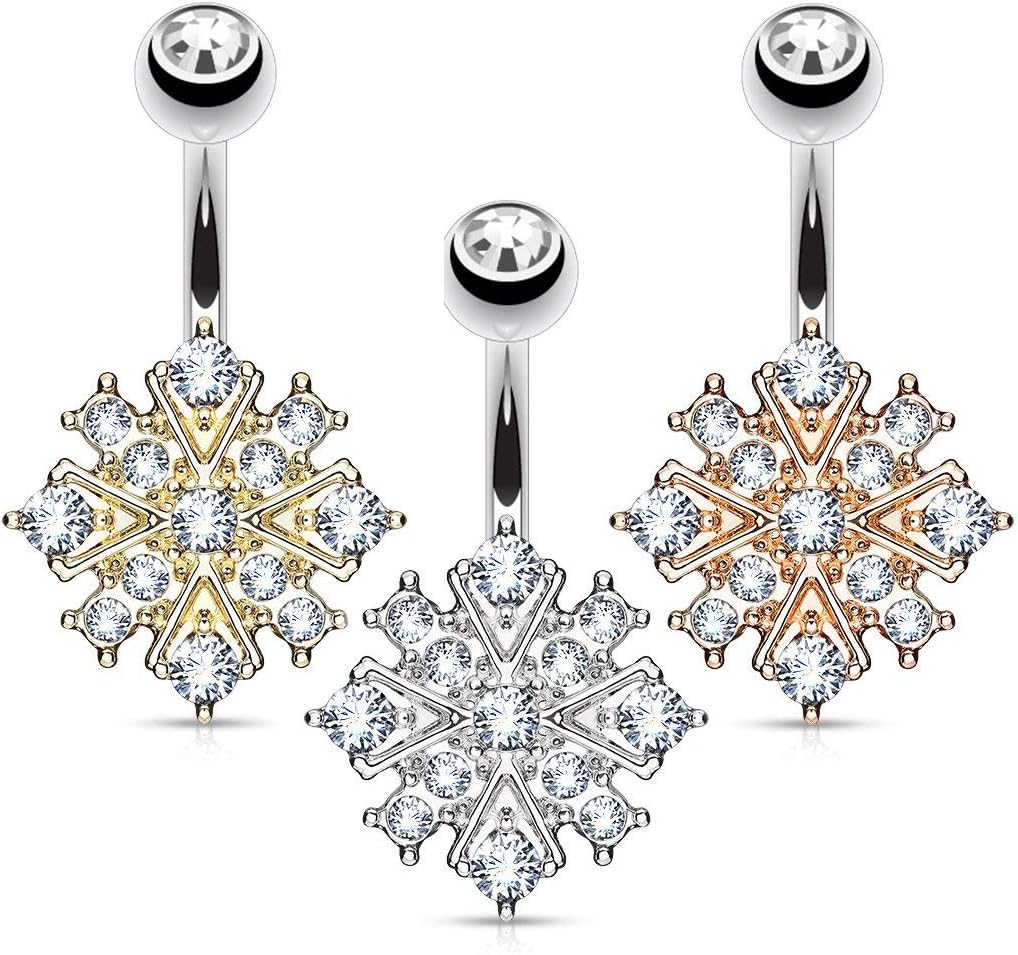 Forbidden Body Jewelry Surgical Steel Crystalline Paved Snowflake Belly Button Ring - 我的商店我的商店我的商店