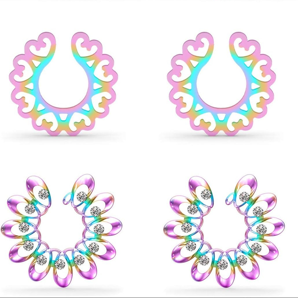 Ftovosyo Hearts/Crystal Tribal Floral/Flower Clip On Non Piercing Nipplerings Women Stainless Steel Fake Nipple Rings Piercing Jewelry 3 Pairs - QIAO CrystalQIAO CrystalQIAO Crystal