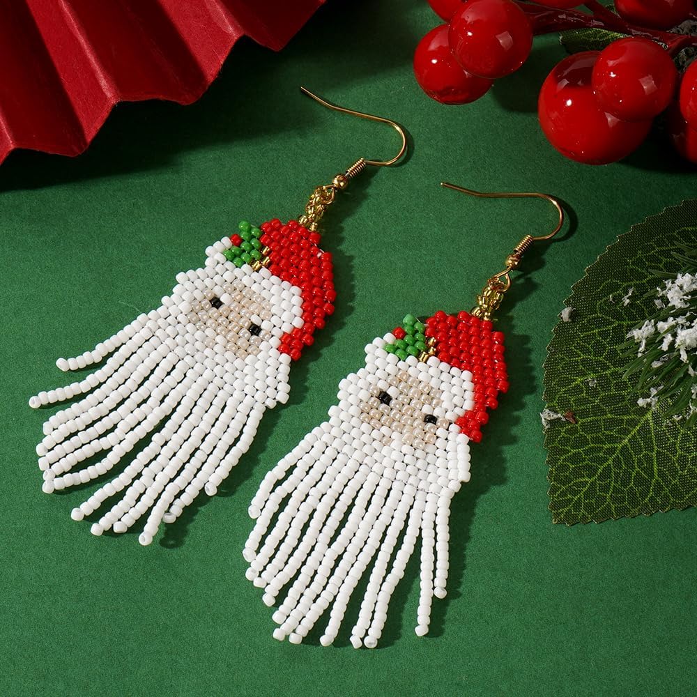 Fun Christmas Day Statement Snowman Beaded Earrings for Women, Glass Beads Gold Ear Hooks Long Tassel Dangle Drop Custom Prom Party Jewelry Accessories Gifts - 我的商店我的商店我的商店