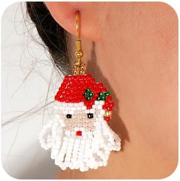 Fun Christmas Day Statement Snowman Beaded Earrings for Women, Glass Beads Gold Ear Hooks Long Tassel Dangle Drop Custom Prom Party Jewelry Accessories Gifts - 我的商店我的商店我的商店