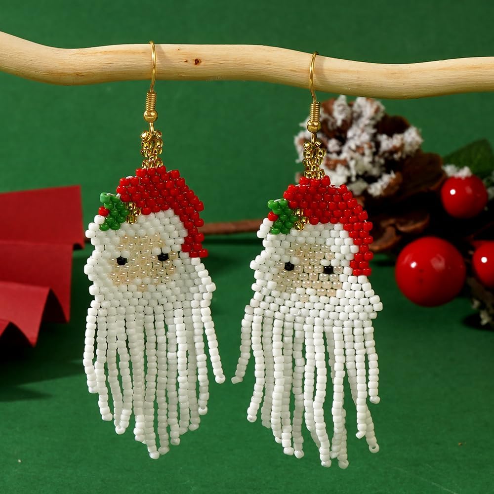 Fun Christmas Day Statement Snowman Beaded Earrings for Women, Glass Beads Gold Ear Hooks Long Tassel Dangle Drop Custom Prom Party Jewelry Accessories Gifts - 我的商店我的商店我的商店
