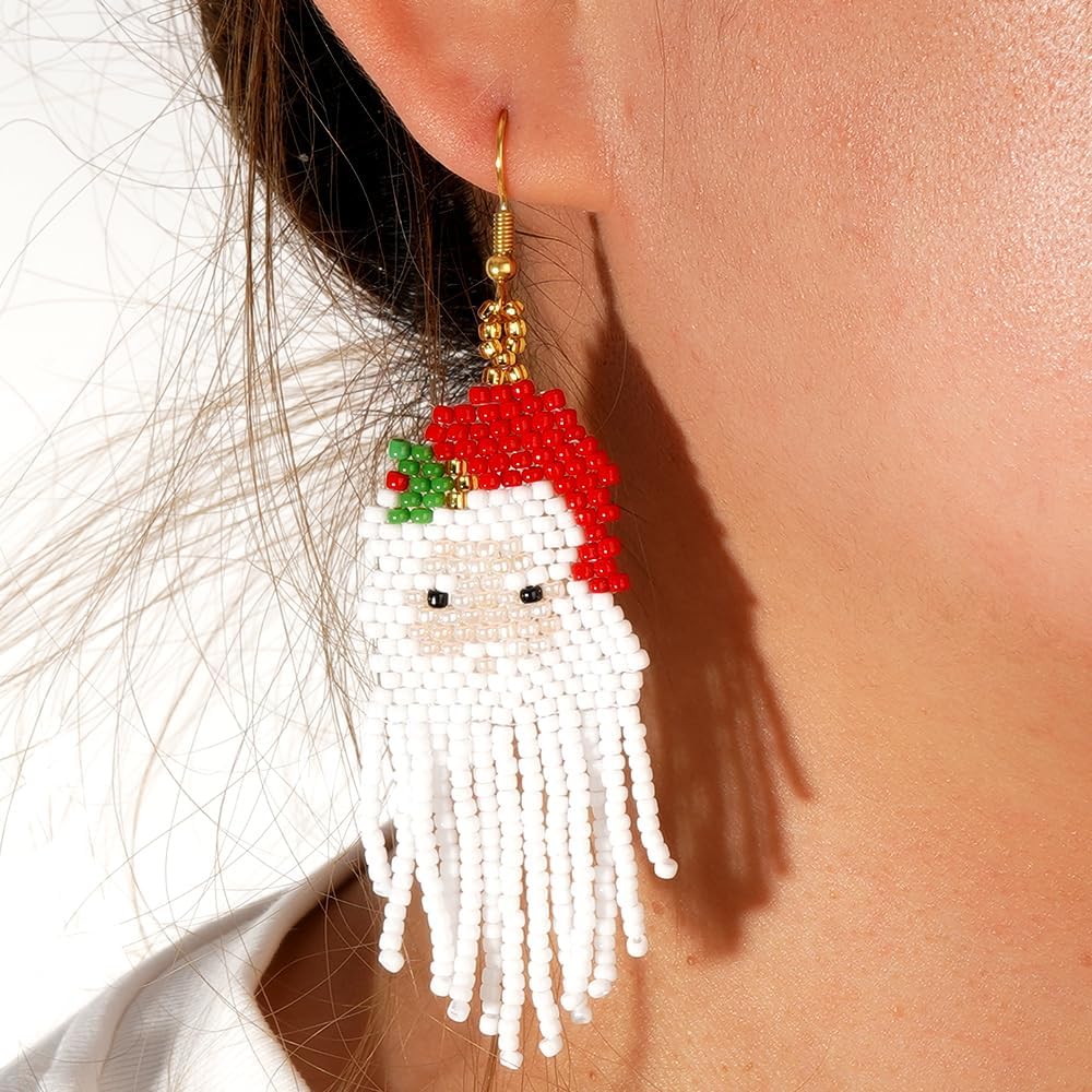 Fun Christmas Day Statement Snowman Beaded Earrings for Women, Glass Beads Gold Ear Hooks Long Tassel Dangle Drop Custom Prom Party Jewelry Accessories Gifts - 我的商店我的商店我的商店