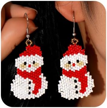 Fun Christmas Day Statement Snowman Beaded Earrings for Women, Glass Beads Gold Ear Hooks Long Tassel Dangle Drop Custom Prom Party Jewelry Accessories Gifts - 我的商店我的商店我的商店