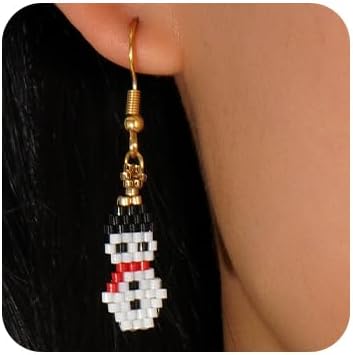 Fun Christmas Day Statement Snowman Beaded Earrings for Women, Glass Beads Gold Ear Hooks Long Tassel Dangle Drop Custom Prom Party Jewelry Accessories Gifts - 我的商店我的商店我的商店