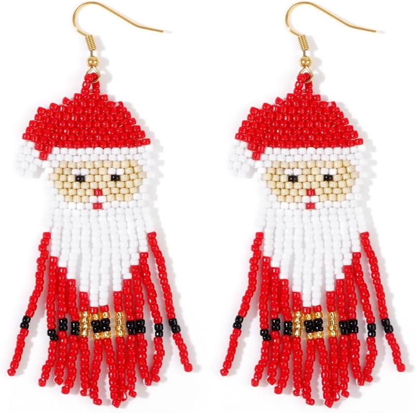 Fun Christmas Day Statement Snowman Beaded Earrings for Women, Glass Beads Gold Ear Hooks Long Tassel Dangle Drop Custom Prom Party Jewelry Accessories Gifts - 我的商店我的商店我的商店