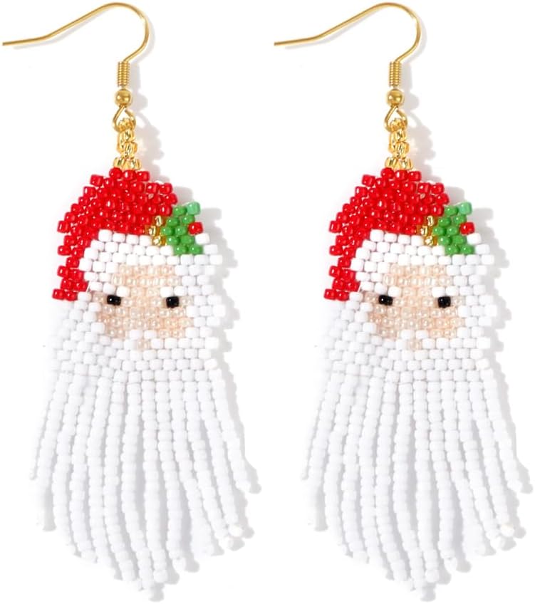 Fun Christmas Day Statement Snowman Beaded Earrings for Women, Glass Beads Gold Ear Hooks Long Tassel Dangle Drop Custom Prom Party Jewelry Accessories Gifts - 我的商店我的商店我的商店