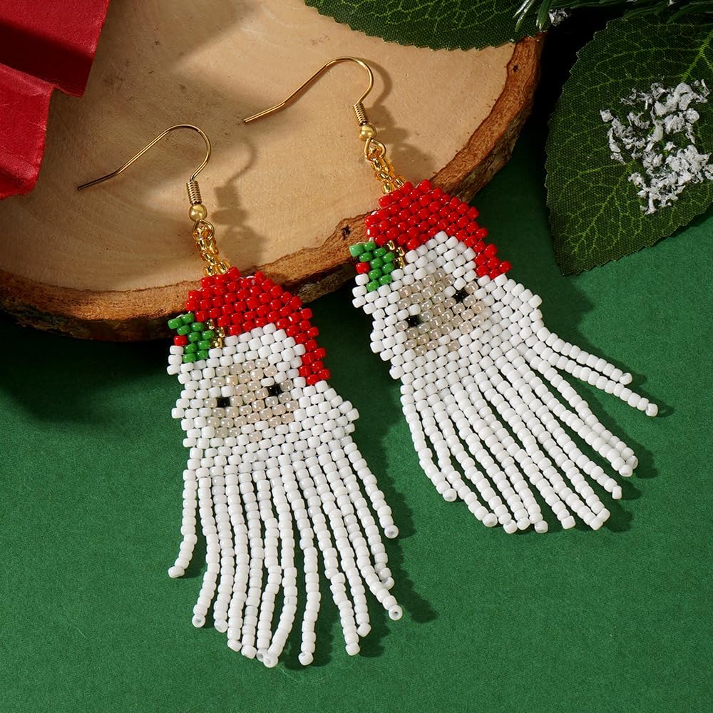 Fun Christmas Day Statement Snowman Beaded Earrings for Women, Glass Beads Gold Ear Hooks Long Tassel Dangle Drop Custom Prom Party Jewelry Accessories Gifts - 我的商店我的商店我的商店