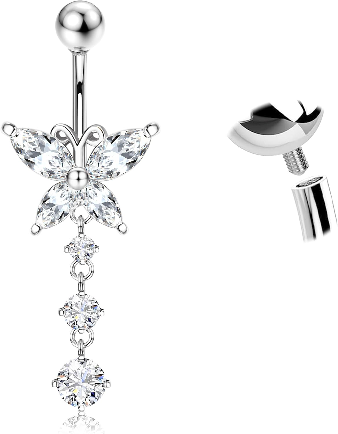 G23 Titanium Dangle Belly Button Rings for Women 14G Internally Threaded Belly Ring Dangling Piercing Jewelry with Heart Butterfly CZ Hypoallergenic Navel Piercing Ring Gold/Silver Tone - 我的商店我的商店我的商店