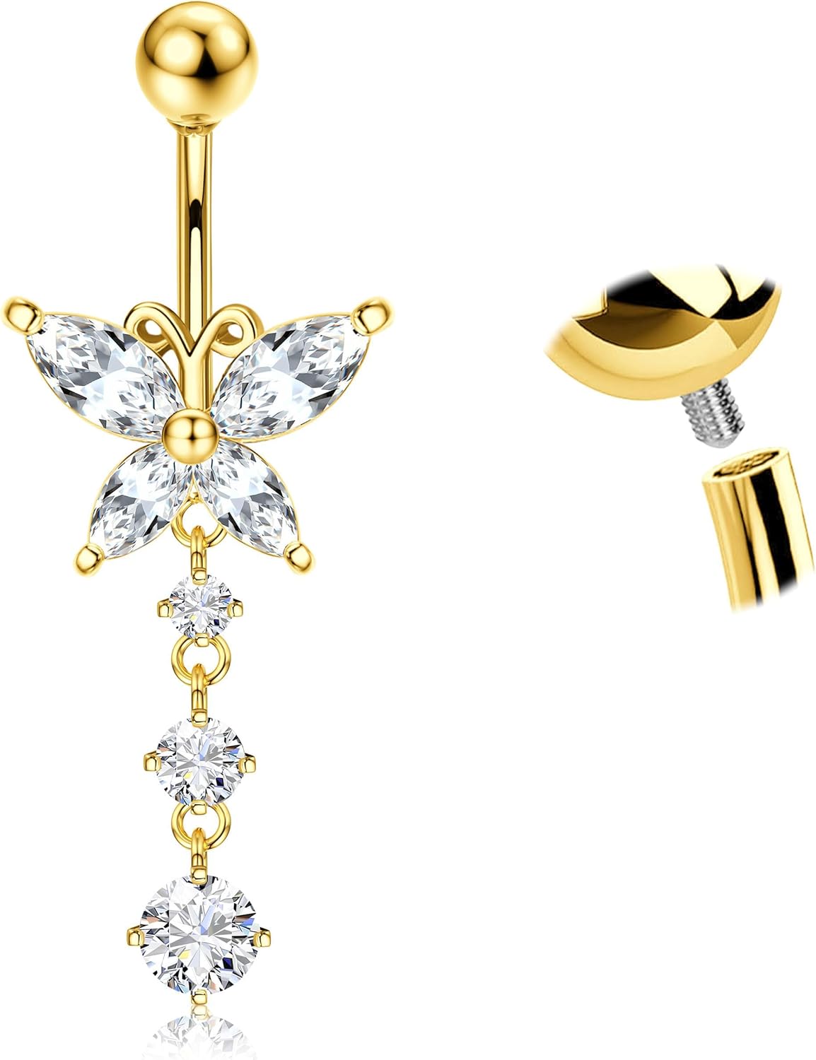 G23 Titanium Dangle Belly Button Rings for Women 14G Internally Threaded Belly Ring Dangling Piercing Jewelry with Heart Butterfly CZ Hypoallergenic Navel Piercing Ring Gold/Silver Tone - 我的商店我的商店我的商店