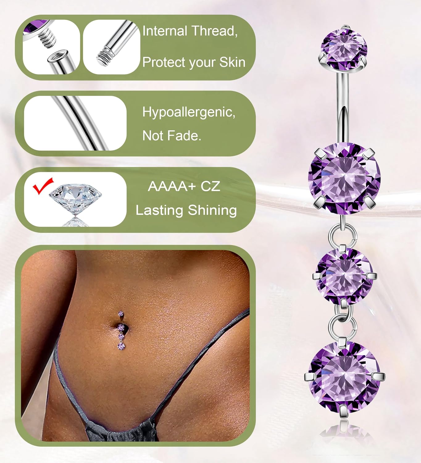 G23 Titanium Dangle Belly Button Rings for Women Dangling Navel Rings CZ Belly Rings Curved Barbell Internally Threaded Belly Piercing Jewelry - 我的商店我的商店我的商店