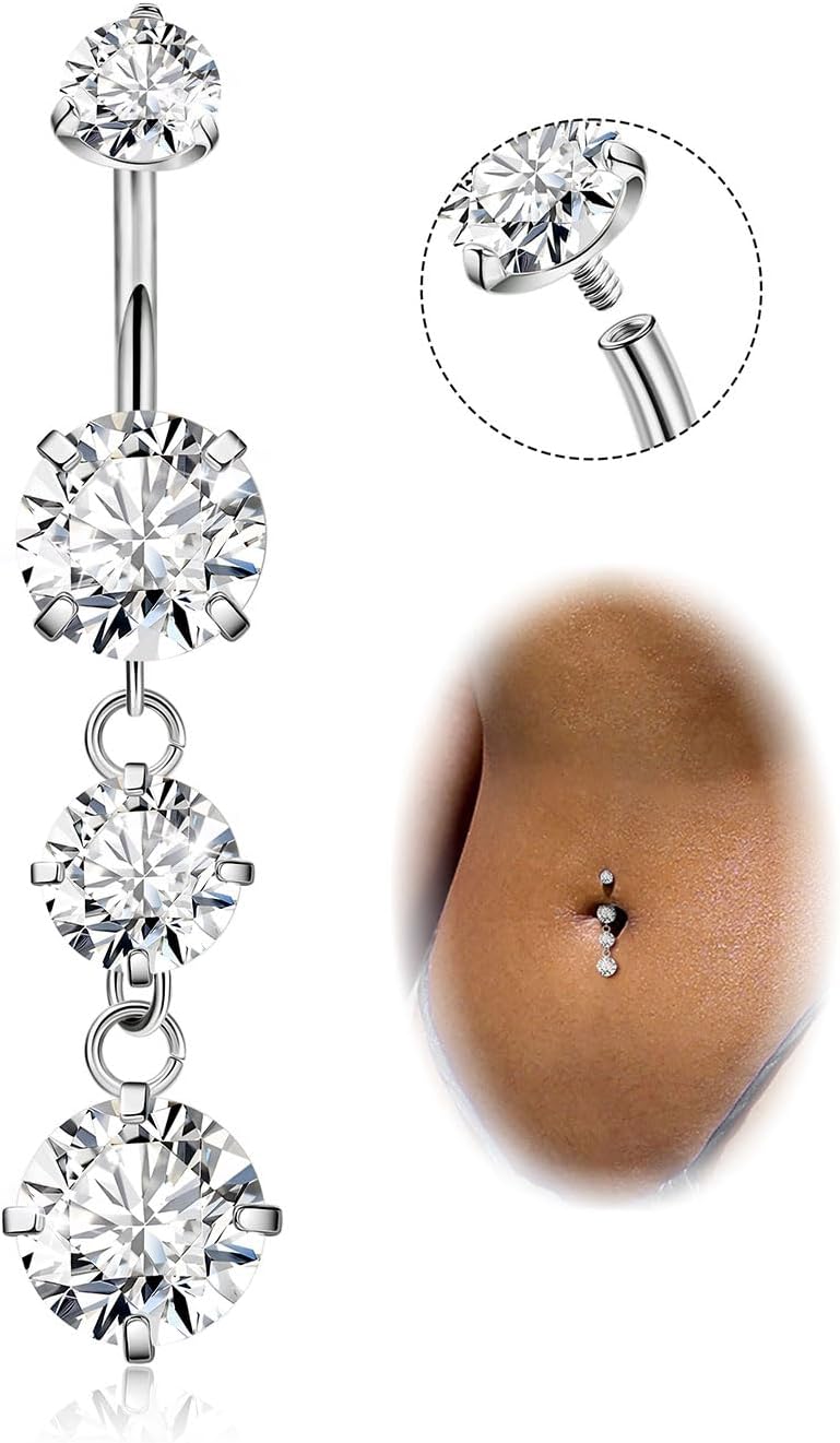 G23 Titanium Dangle Belly Button Rings for Women Dangling Navel Rings CZ Belly Rings Curved Barbell Internally Threaded Belly Piercing Jewelry - 我的商店我的商店我的商店