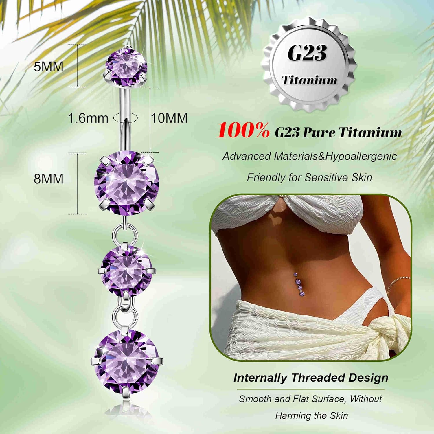 G23 Titanium Dangle Belly Button Rings for Women Dangling Navel Rings CZ Belly Rings Curved Barbell Internally Threaded Belly Piercing Jewelry - 我的商店我的商店我的商店