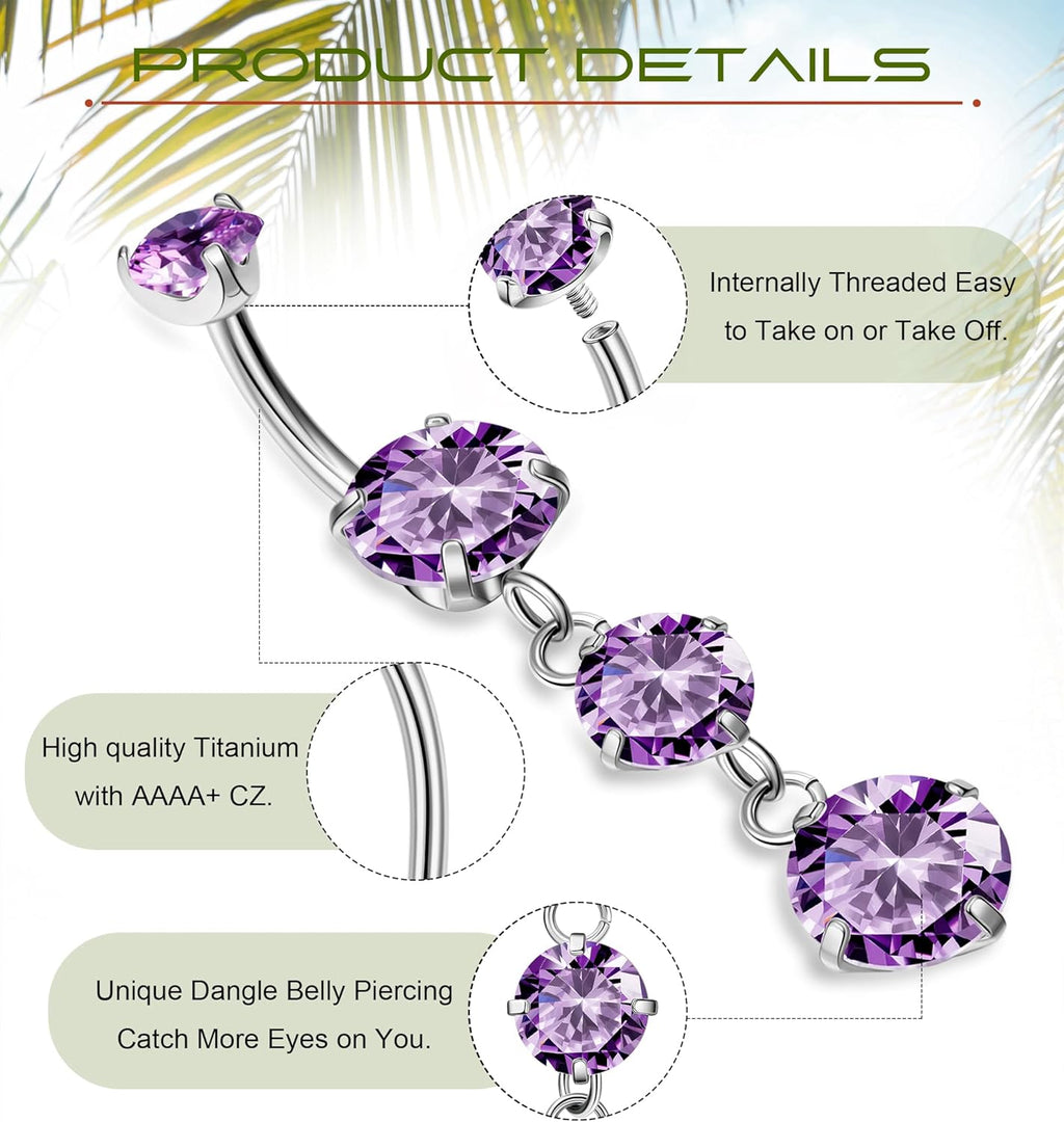 G23 Titanium Dangle Belly Button Rings for Women Dangling Navel Rings CZ Belly Rings Curved Barbell Internally Threaded Belly Piercing Jewelry - 我的商店我的商店我的商店