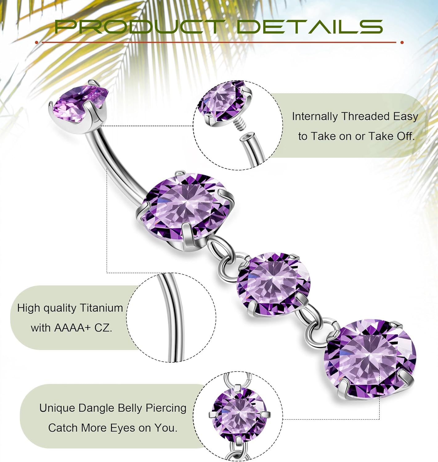 G23 Titanium Dangle Belly Button Rings for Women Dangling Navel Rings CZ Belly Rings Curved Barbell Internally Threaded Belly Piercing Jewelry - 我的商店我的商店我的商店