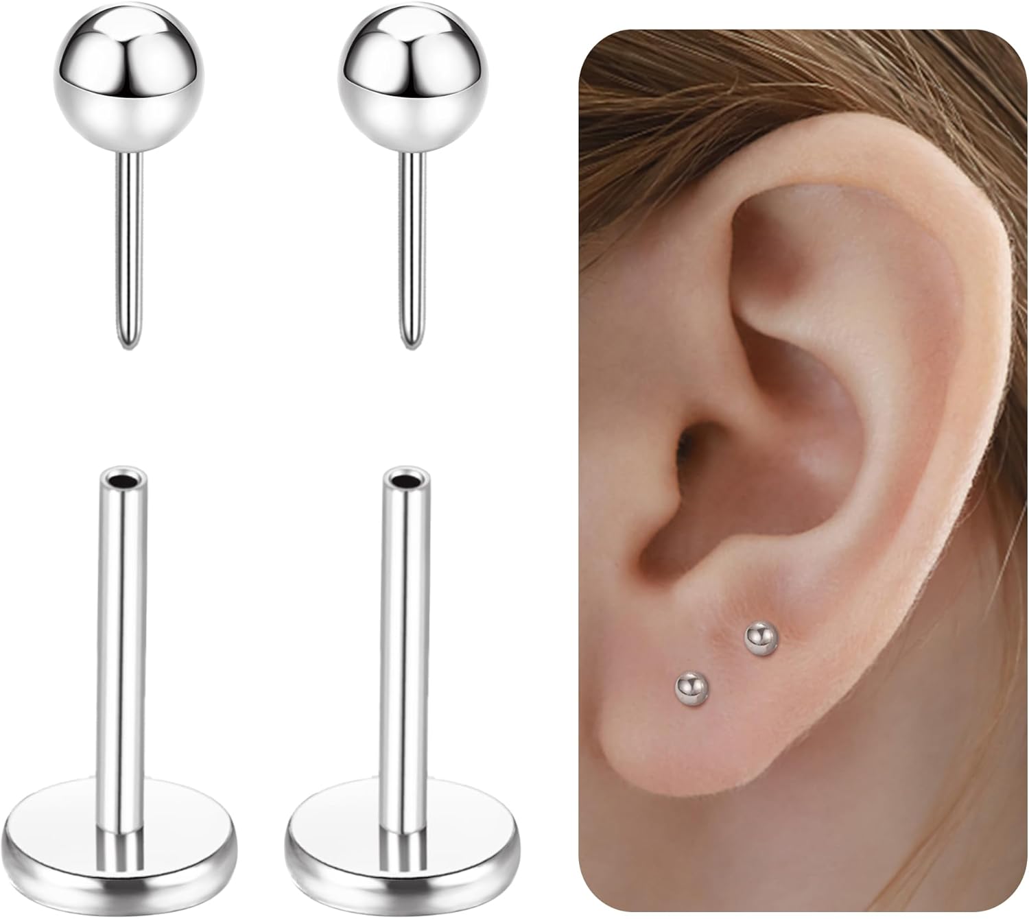 G23 Titanium Hypoallergenic Threadless Flat Back Earrings 20G Push in Cartilage Studs - QIAO CrystalQIAO CrystalQIAO Crystal