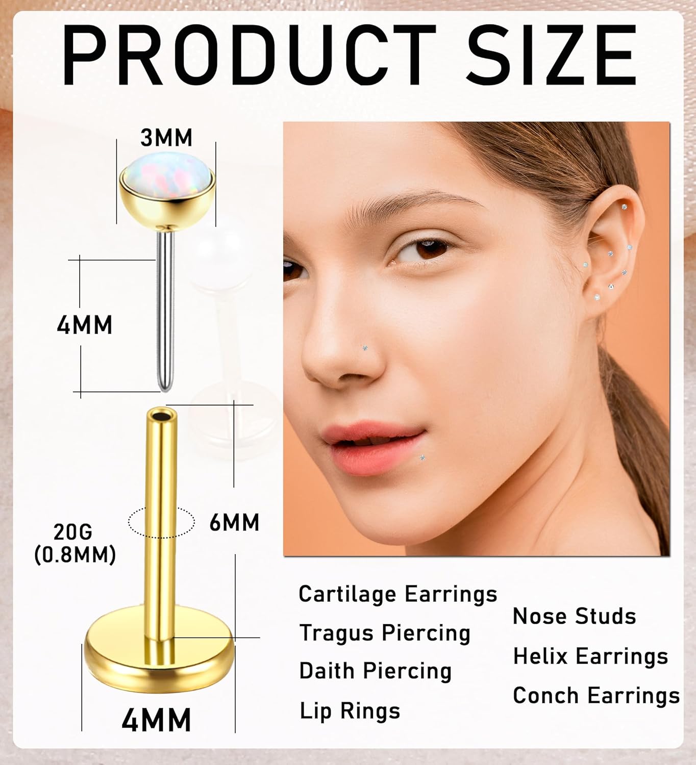 G23 Titanium Hypoallergenic Threadless Flat Back Earrings 20G Push in Cartilage Studs - QIAO CrystalQIAO CrystalQIAO Crystal