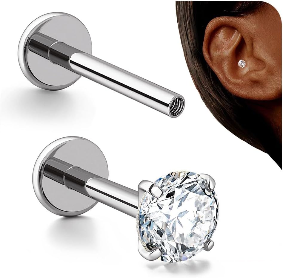 G23 Titanium Internal Thread Cartilage Earrings Hypoallergenic CZ Stud Piercing Jewelry - QIAO CrystalQIAO CrystalQIAO Crystal