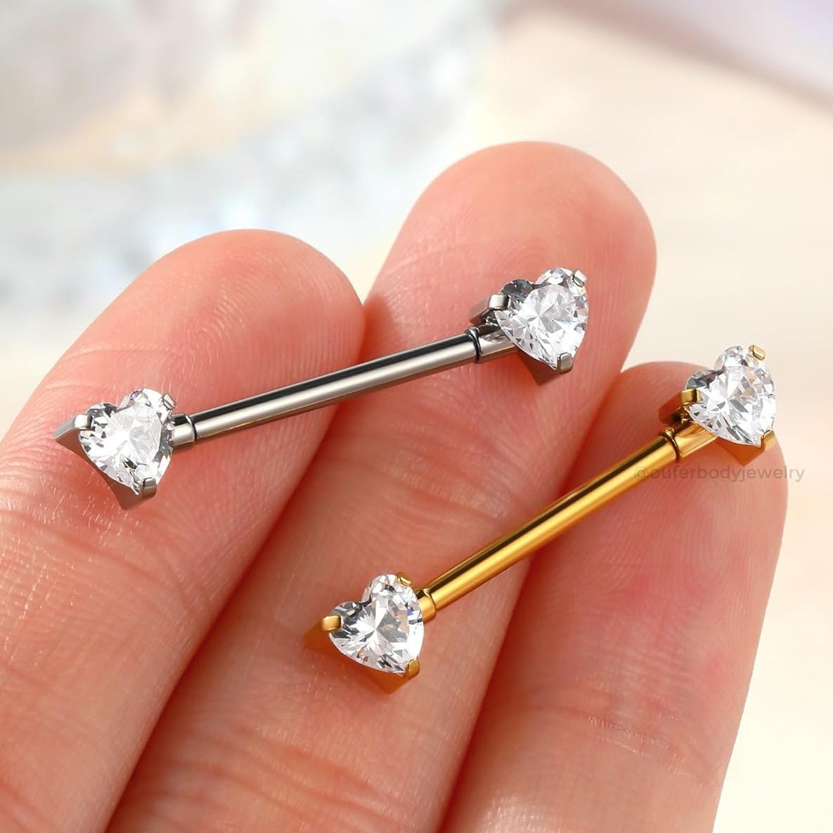 G23 Titanium Nipple Rings for Women, Internally Threaded 14g Nipple Piercing Jewelry,Heart CZ Gold Bridge Piercing 14/16mm - QIAO CrystalQIAO CrystalQIAO Crystal