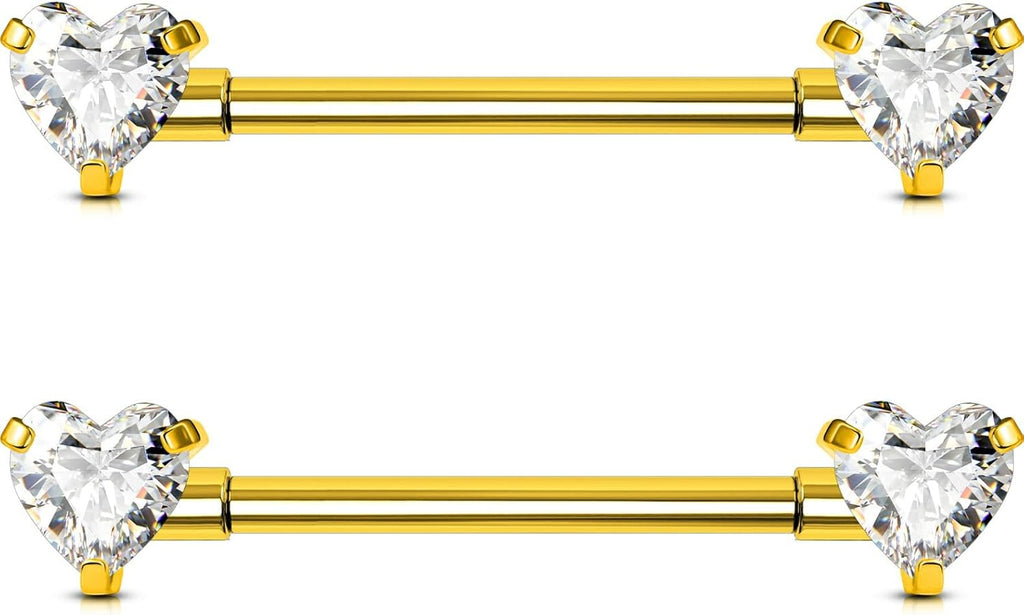 G23 Titanium Nipple Rings for Women, Internally Threaded 14g Nipple Piercing Jewelry,Heart CZ Gold Bridge Piercing 14/16mm - QIAO CrystalQIAO CrystalQIAO Crystal