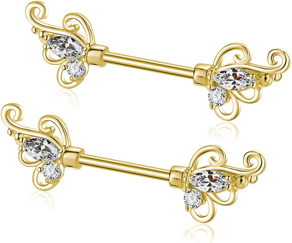 Gabry&jwl 2Pcs Vintage Flower Nipplerings 14G Stainless Steel Straight Barbell Nipple Ring Floral Filigree Inlay Cubic Zirconia Butterfly Wings Nipple Piercing for Women,Bar Lengh 14mm - QIAO CrystalQIAO CrystalQIAO Crystal