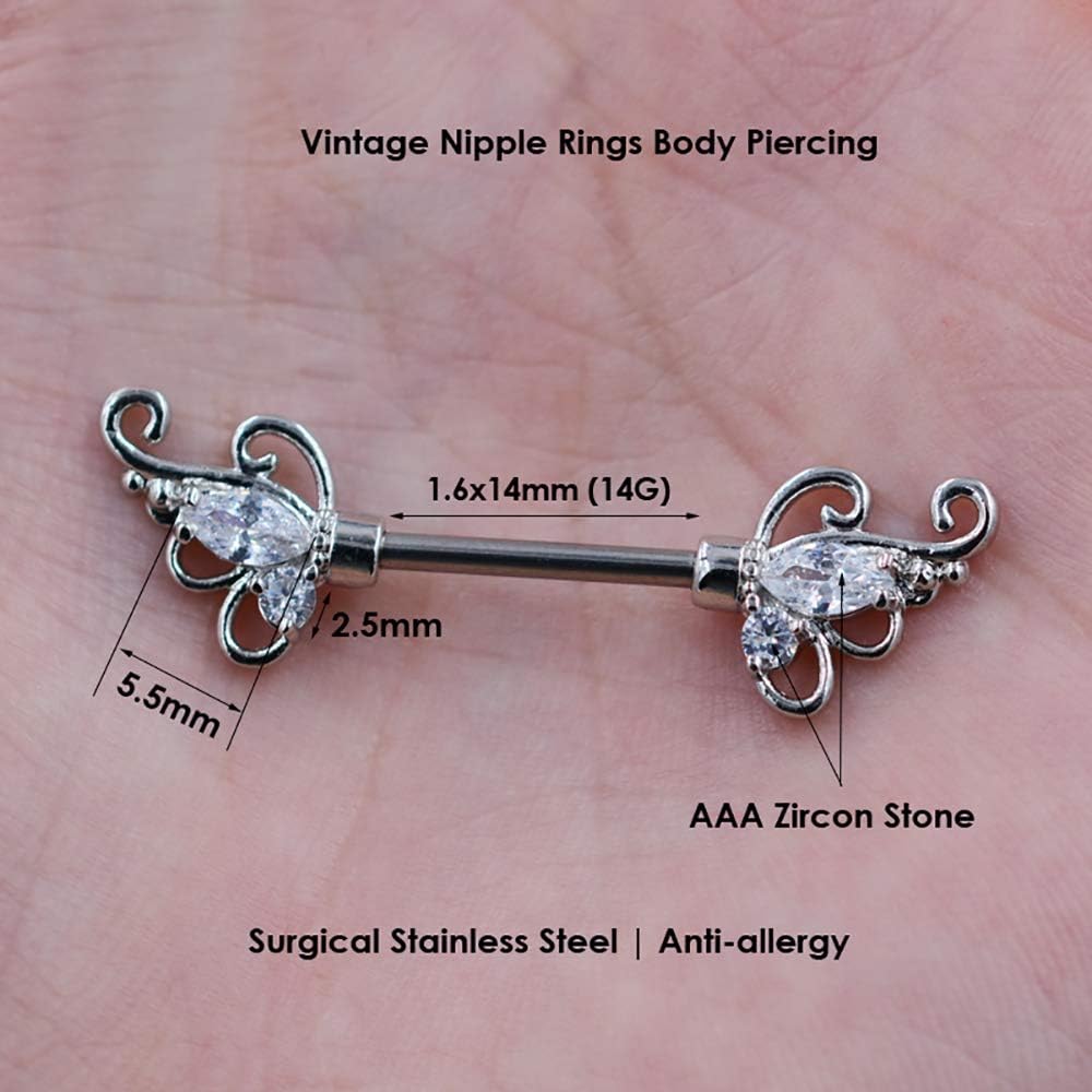 Gabry&jwl 2Pcs Vintage Flower Nipplerings 14G Stainless Steel Straight Barbell Nipple Ring Floral Filigree Inlay Cubic Zirconia Butterfly Wings Nipple Piercing for Women,Bar Lengh 14mm - QIAO CrystalQIAO CrystalQIAO Crystal