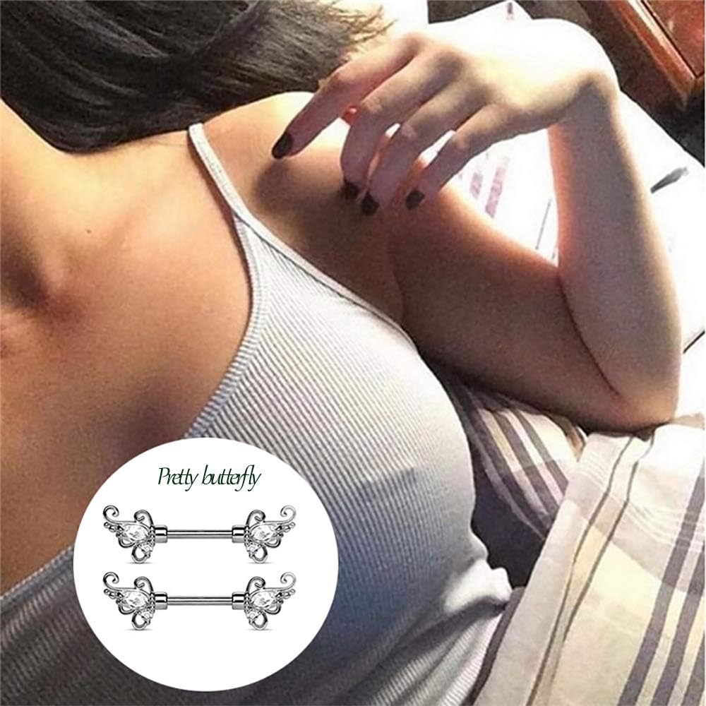 Gabry&jwl 2Pcs Vintage Flower Nipplerings 14G Stainless Steel Straight Barbell Nipple Ring Floral Filigree Inlay Cubic Zirconia Butterfly Wings Nipple Piercing for Women,Bar Lengh 14mm - QIAO CrystalQIAO CrystalQIAO Crystal