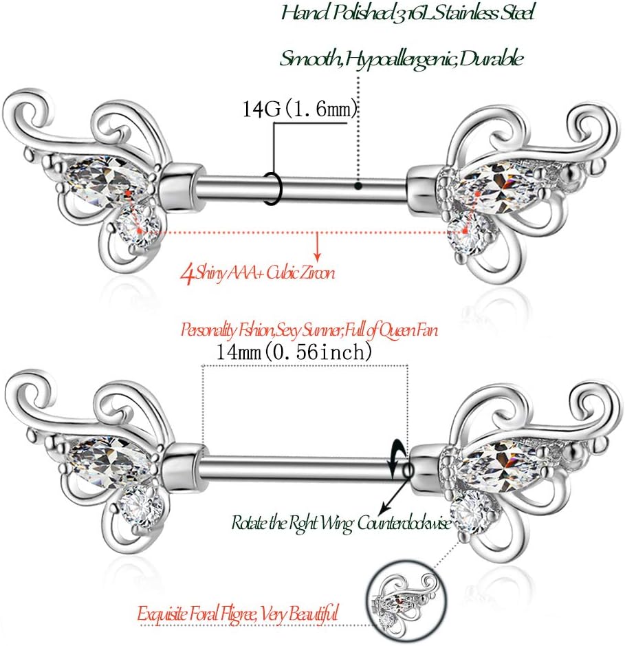 Gabry&jwl 2Pcs Vintage Flower Nipplerings 14G Stainless Steel Straight Barbell Nipple Ring Floral Filigree Inlay Cubic Zirconia Butterfly Wings Nipple Piercing for Women,Bar Lengh 14mm - QIAO CrystalQIAO CrystalQIAO Crystal