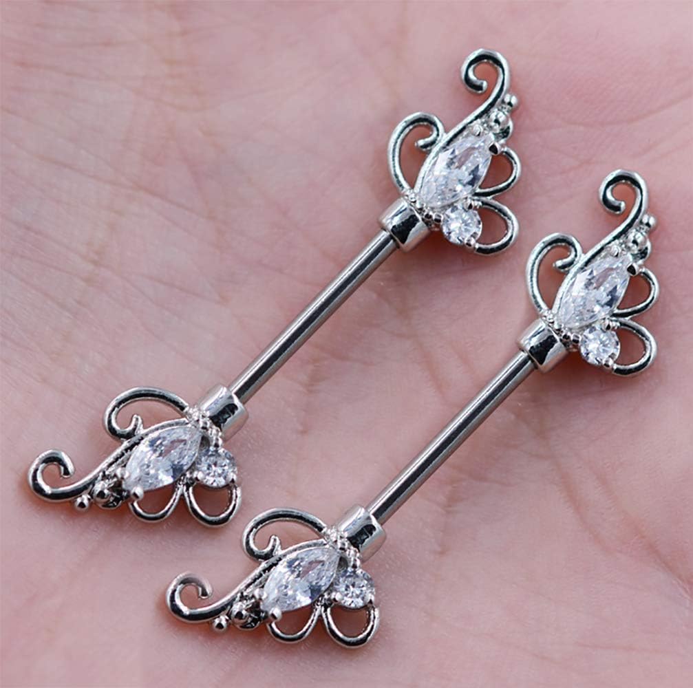 Gabry&jwl 2Pcs Vintage Flower Nipplerings 14G Stainless Steel Straight Barbell Nipple Ring Floral Filigree Inlay Cubic Zirconia Butterfly Wings Nipple Piercing for Women,Bar Lengh 14mm - QIAO CrystalQIAO CrystalQIAO Crystal