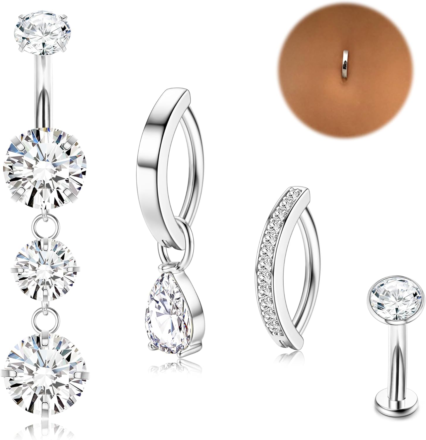 Gold Belly Button Ring - 14G Surgical Stainless Steel Belly Rings Hypoallergenic Clicker Belly Button Piercings for Women CZ Dangle Belly Button Rings Navel Piercing Pack Silver/Gold - 我的商店我的商店我的商店