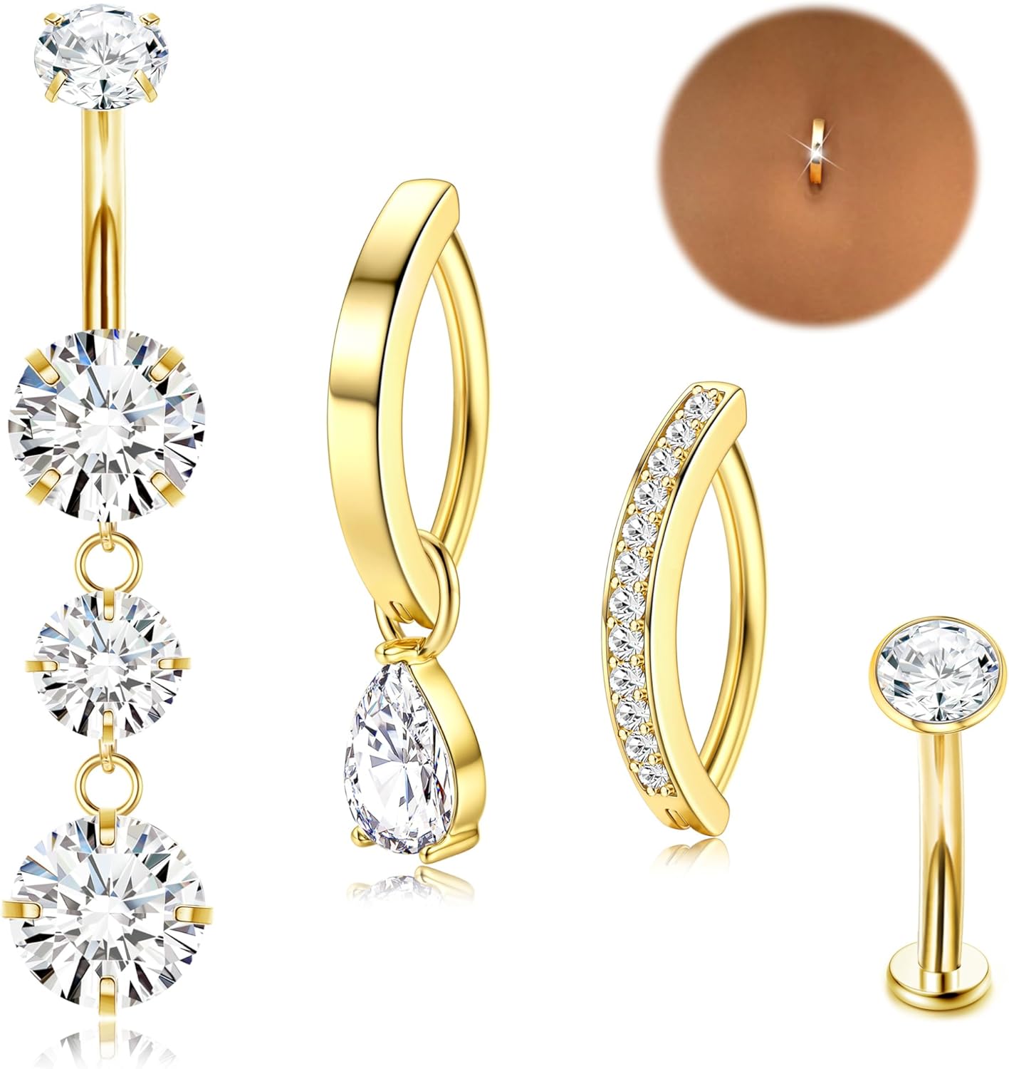 Gold Belly Button Ring - 14G Surgical Stainless Steel Belly Rings Hypoallergenic Clicker Belly Button Piercings for Women CZ Dangle Belly Button Rings Navel Piercing Pack Silver/Gold - 我的商店我的商店我的商店