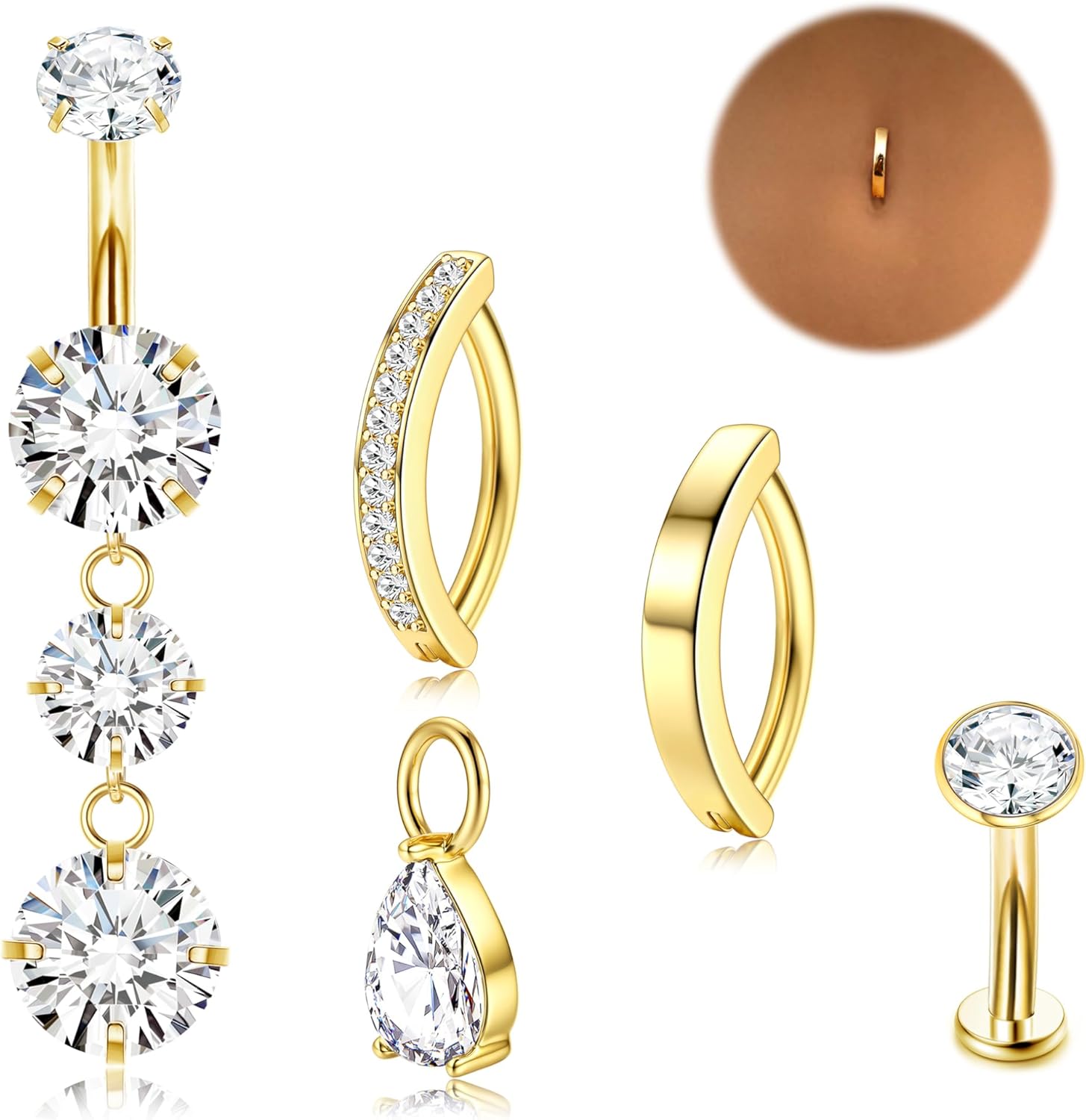 Gold Belly Button Ring - 14G Surgical Stainless Steel Belly Rings Hypoallergenic Clicker Belly Button Piercings for Women CZ Dangle Belly Button Rings Navel Piercing Pack Silver/Gold - 我的商店我的商店我的商店