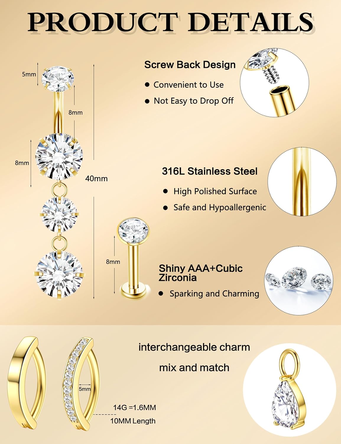 Gold Belly Button Ring - 14G Surgical Stainless Steel Belly Rings Hypoallergenic Clicker Belly Button Piercings for Women CZ Dangle Belly Button Rings Navel Piercing Pack Silver/Gold - 我的商店我的商店我的商店