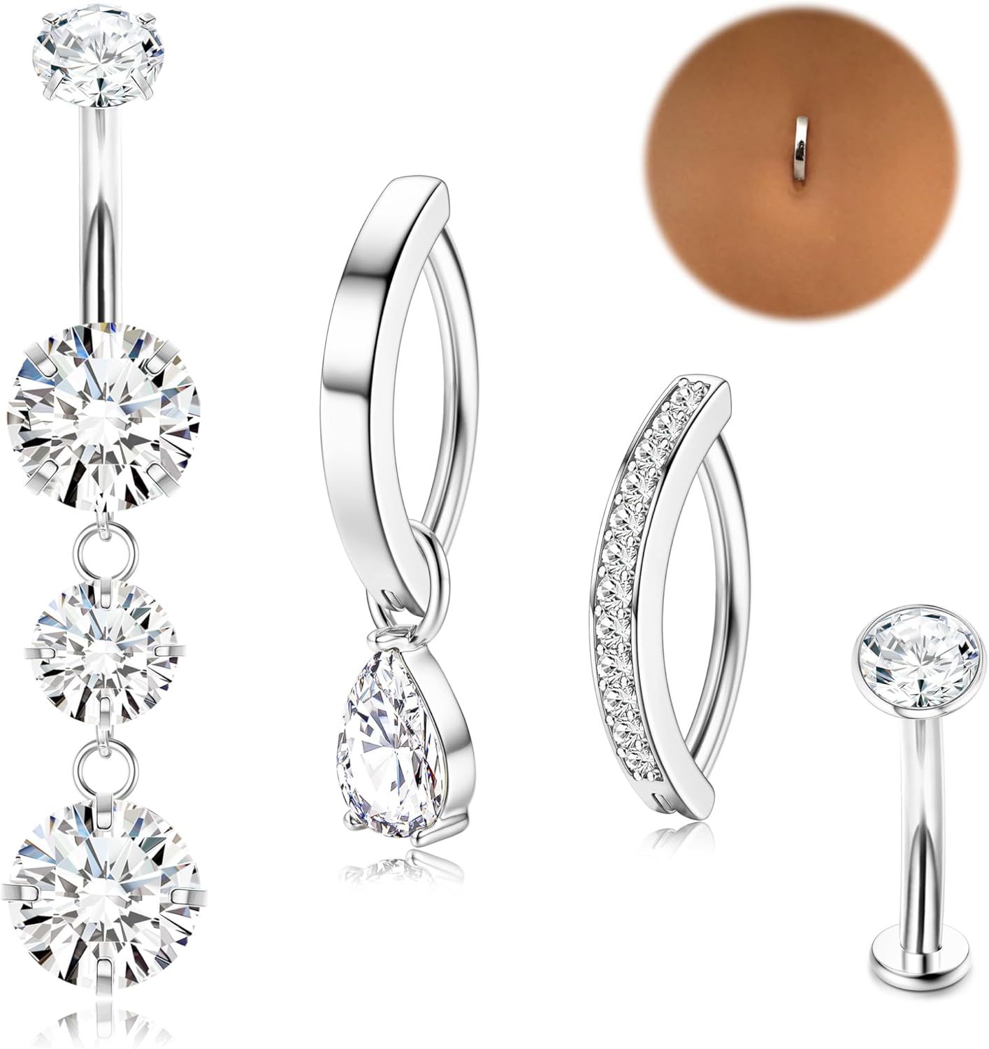 Gold Belly Button Ring - 14G Surgical Stainless Steel Belly Rings Hypoallergenic Clicker Belly Button Piercings for Women CZ Dangle Belly Button Rings Navel Piercing Pack Silver/Gold - 我的商店我的商店我的商店