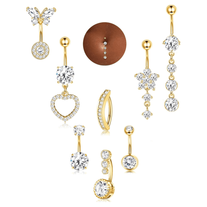 Gold Belly Button Ring Dangle Hypoallergenic Surgical Stainless Steel Belly Rings for Women 14G Belly Button Piercing Cute Navel Ring Belly Piercing Jewelry - QIAO Crystal我的商店QIAO Crystal