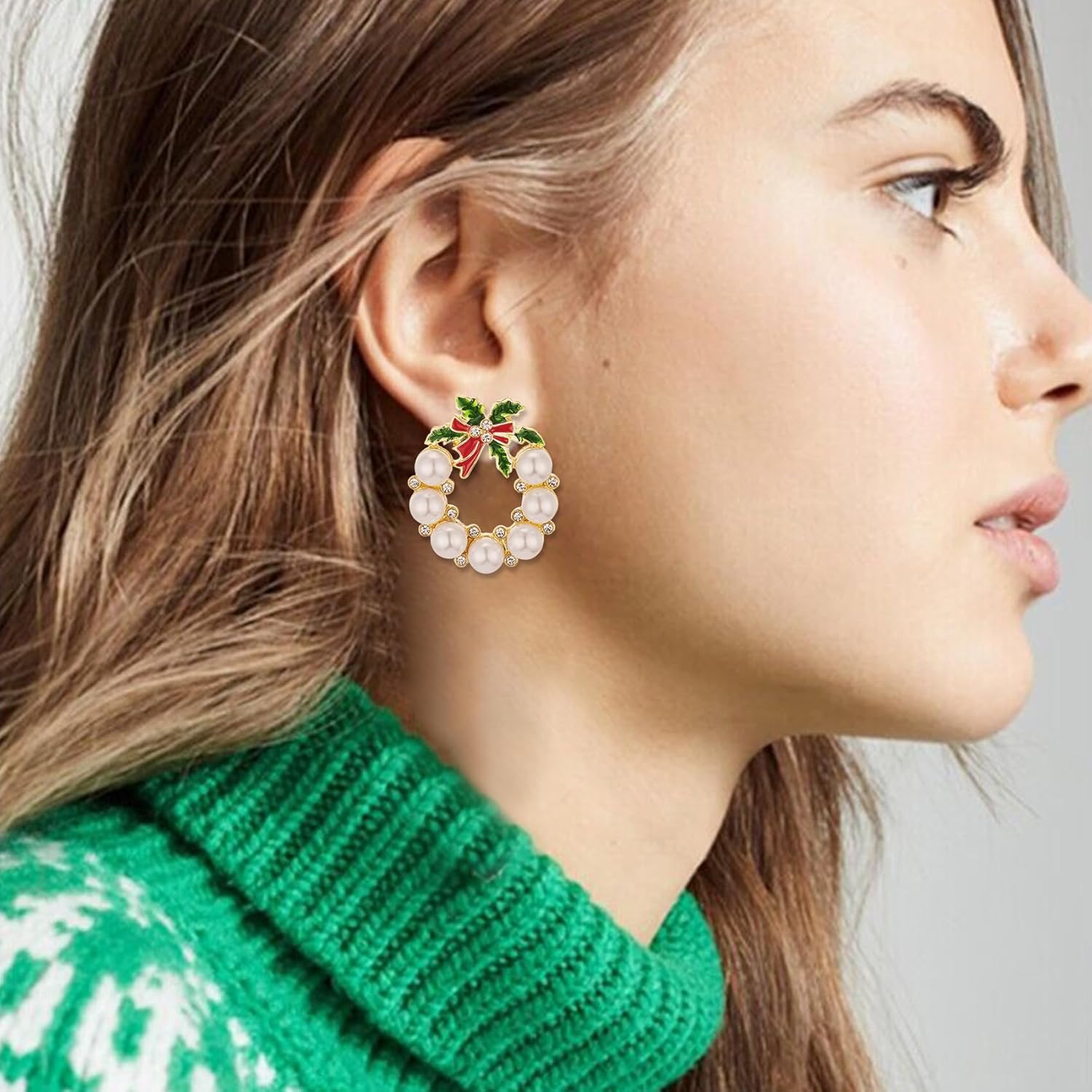 Gold Christmas Wreath Stud Earrings for Women, Simulated Pearl Hoop Drop Earrings Christmas, E01N - 我的商店我的商店我的商店
