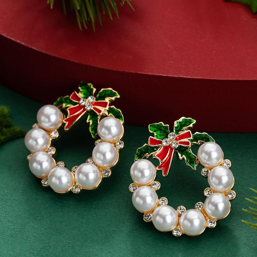 Gold Christmas Wreath Stud Earrings for Women, Simulated Pearl Hoop Drop Earrings Christmas, E01N - 我的商店我的商店我的商店