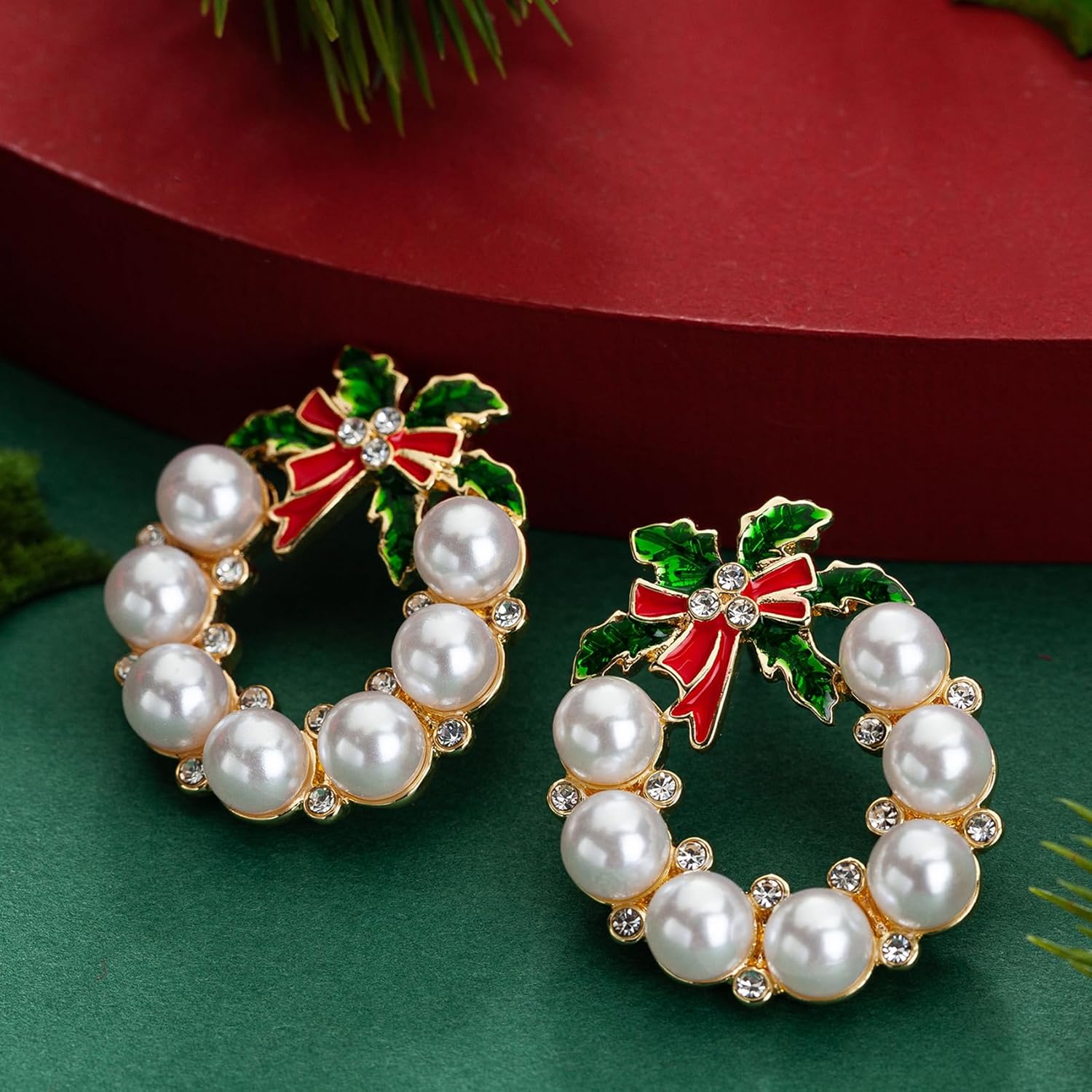 Gold Christmas Wreath Stud Earrings for Women, Simulated Pearl Hoop Drop Earrings Christmas, E01N - 我的商店我的商店我的商店