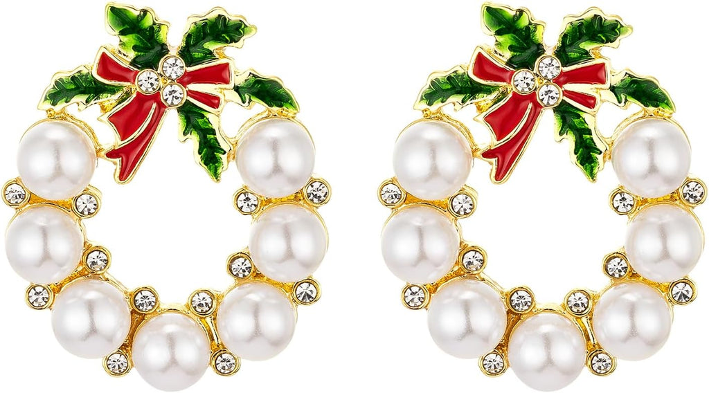 Gold Christmas Wreath Stud Earrings for Women, Simulated Pearl Hoop Drop Earrings Christmas, E01N - 我的商店我的商店我的商店