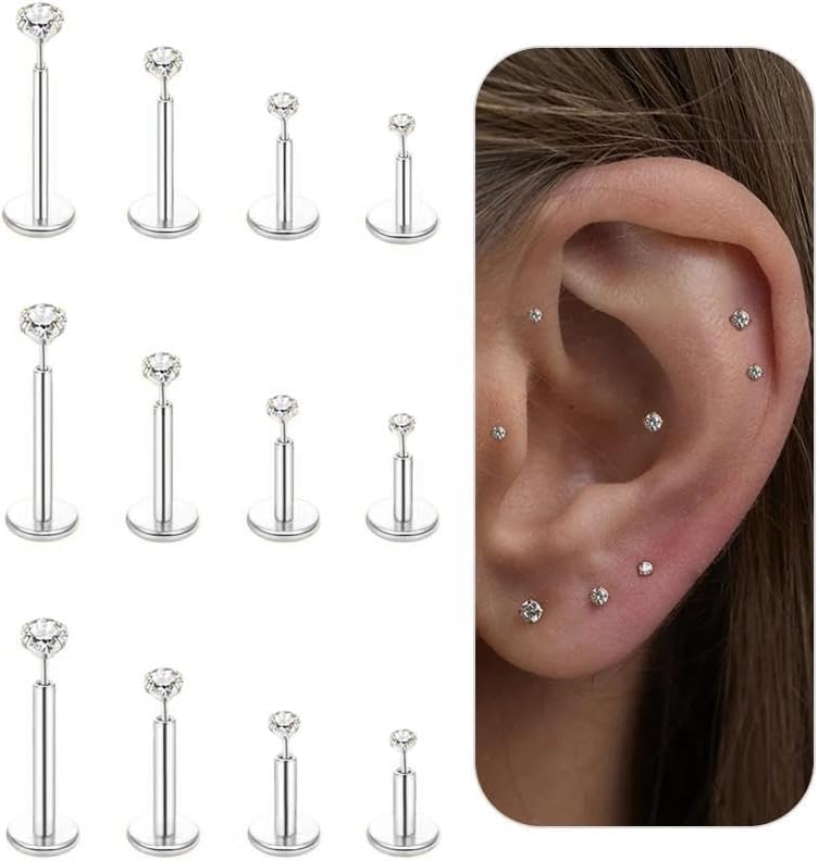 Gold Flat Back Earrings Threadless Cartilage Tragus Piercing Conch Stud Nose Helix Stud - QIAO CrystalQIAO CrystalQIAO Crystal