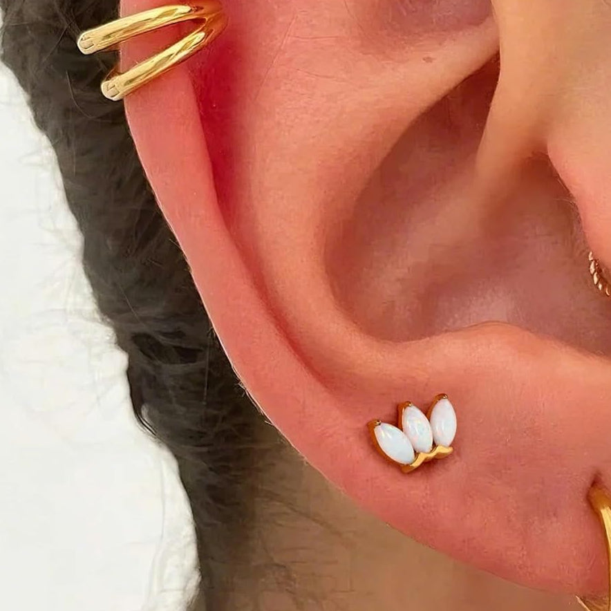 Gold Helix Piercing Jewelry 16G 6/8MM Opal Leaf Forward Helix Earrings, 316L Surgical Steel Flat Back Push Pin Labret Lip Cartilage Tragus Piercing Jewelry - QIAO CrystalQIAO CrystalQIAO Crystal