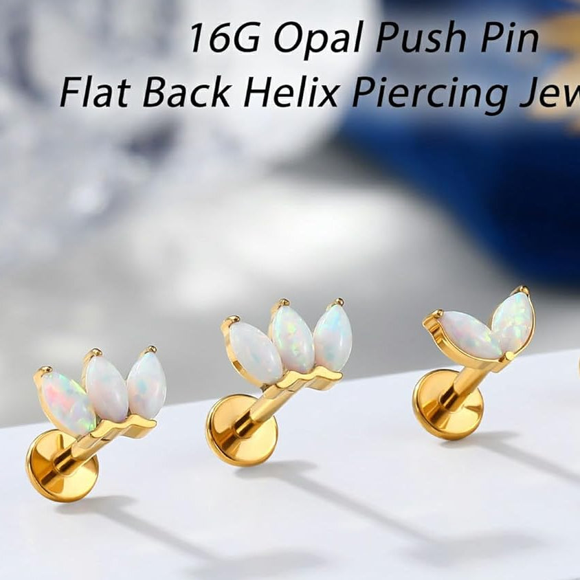 Gold Helix Piercing Jewelry 16G 6/8MM Opal Leaf Forward Helix Earrings, 316L Surgical Steel Flat Back Push Pin Labret Lip Cartilage Tragus Piercing Jewelry - QIAO CrystalQIAO CrystalQIAO Crystal